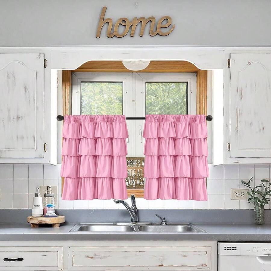 2pcs Ruffle Edge Thickened Small Curtains Tiers, Soft Washable Polyester Fiber Cafe Curtain, Window Small Curtains For Kitchen Office Home Decor - Pink - View 1
