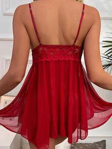 1 件女式圣诞酒红色性感蕾丝网眼透明吊带背心睡袍，适合居家或度假，性感内衣 - 酒紅色 - 查看 2