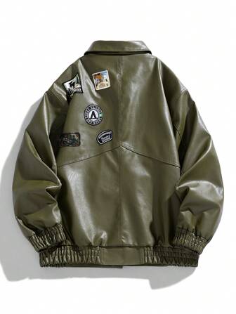 男士纯色前拉链长袖口袋简约卡通图标装饰皮夹克，休闲日常穿着