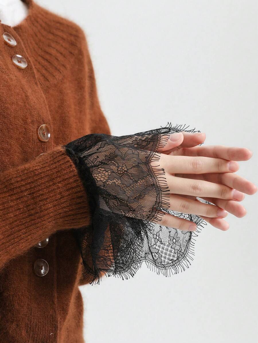 1 Pair Fabric Flared Decorative Cuff, Wedding Dress False Sleeve Cuff, Versatile Lace Sleeve Cuff - Black - View 1