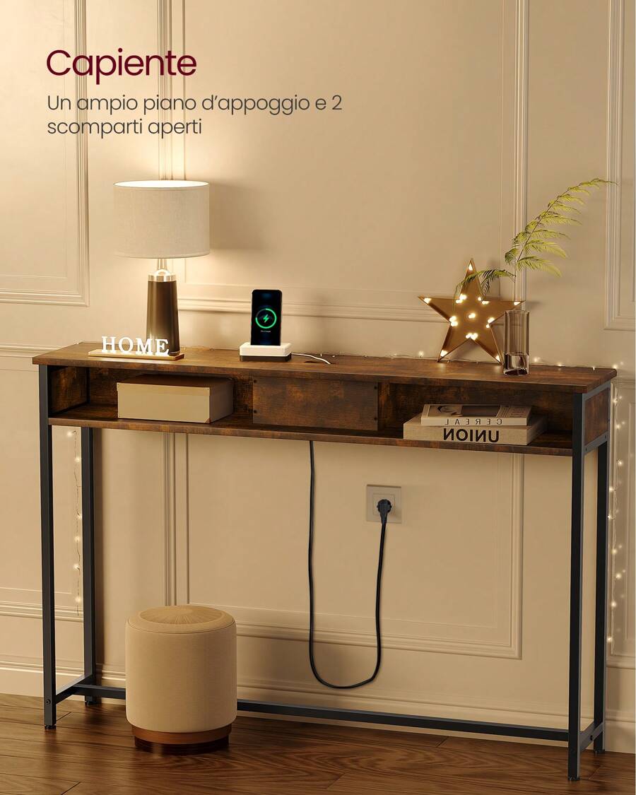 VASAGLE Consolle Ingresso, Tavolo Consolle con Multipresa, Tavolo da Divano, 2 Scomparti, Salvaspazio, 25 x 120 x 81 cm, per Ingresso Soggiorno Salotto, Bianco Neve/Grigio Antracite e Nero Inchiostro/Marrone Vintage e Nero Inchiostro - Castano - Visualizzare 1