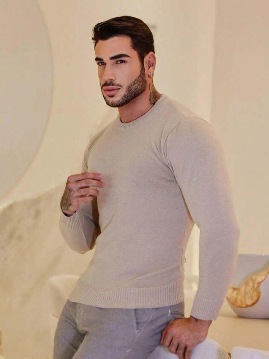 MEN'S PLAIN WOOL KNITTING SWEATER BLOUSE ROUND NECK LONG SLEEVE WINTER 2024 - Màu Khaki - Xem 1