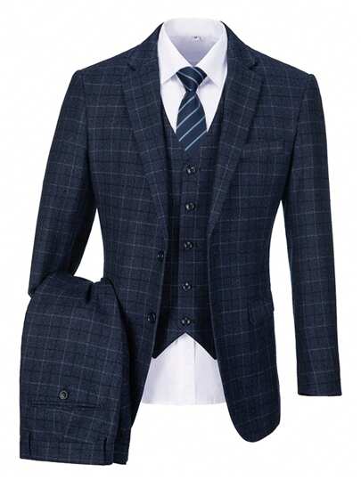 Furuyal 男士西服格子双扣修身舞会西装男士 5 件套西装外套马甲裤子领带套装派对婚礼商务海军蓝尺码 XS-3XL