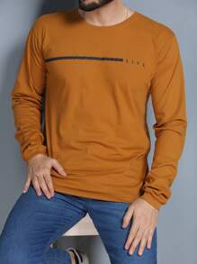 Men's Long Sleeve T-Shirt Basic Blouse Without Hood LIFE Print - 芥末黃 - 查看 1
