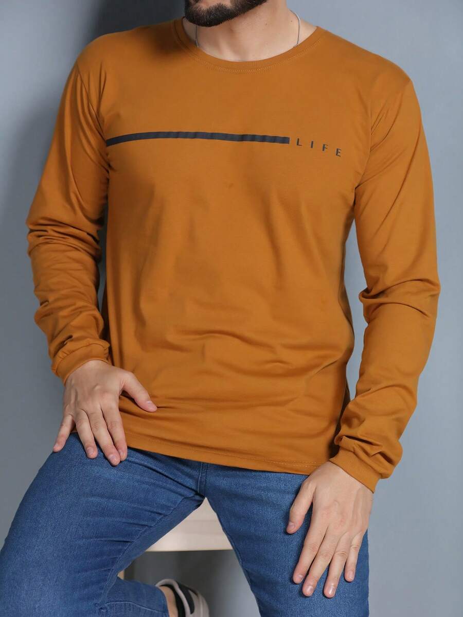 Men's Long Sleeve T-Shirt Basic Blouse Without Hood LIFE Print - 芥末黃 - 查看 1