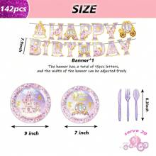 Pink Princess Castle And Carriage Pattern Birthday Party Cutlery Set, European Castle Theme Birthday Decoration Banner, Disposable Cutlery Plate 142 Pieces Set, Pink Birthday Party Cutlery Set That Can Serve 20 People