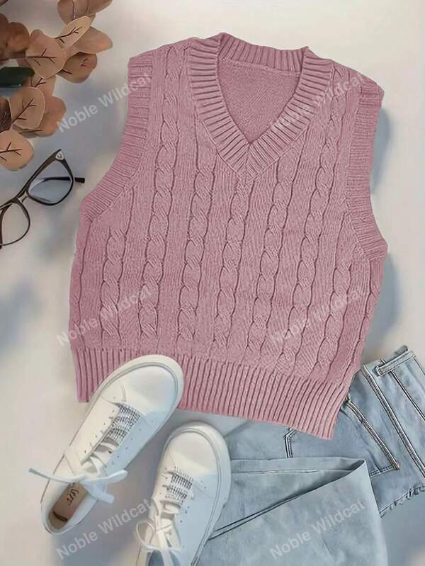 Chaleco de punto acanalado sin mangas con cuello en V, talla grande para mujer, otoño/invierno