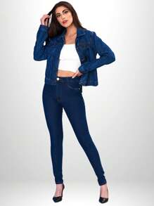 Women's Traditional Denim Jacket With Covered Buttons - Rửa tối - Xem 4
