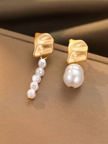 1 Pair Vintage Matte Asymmetric Pearl Stud Earrings Suitable For Daily Commute - Multicolor - View 1