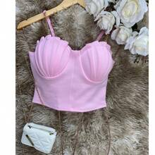 Cropped Top Thin Chain Strap Blouse With Mermaid Cup Fashion Blogger Retro Summer Beach Party Neopreme Suplex Strap - 淺粉色 - 查看 1