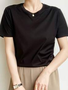 LA PRINCESA  Seda Camisetas de manga corta para mujer, con bloques de color, estilo casual, de verano - Negro - Ver 4