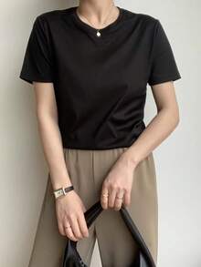 LA PRINCESA  Seda Camisetas de manga corta para mujer, con bloques de color, estilo casual, de verano - Negro - Ver 3