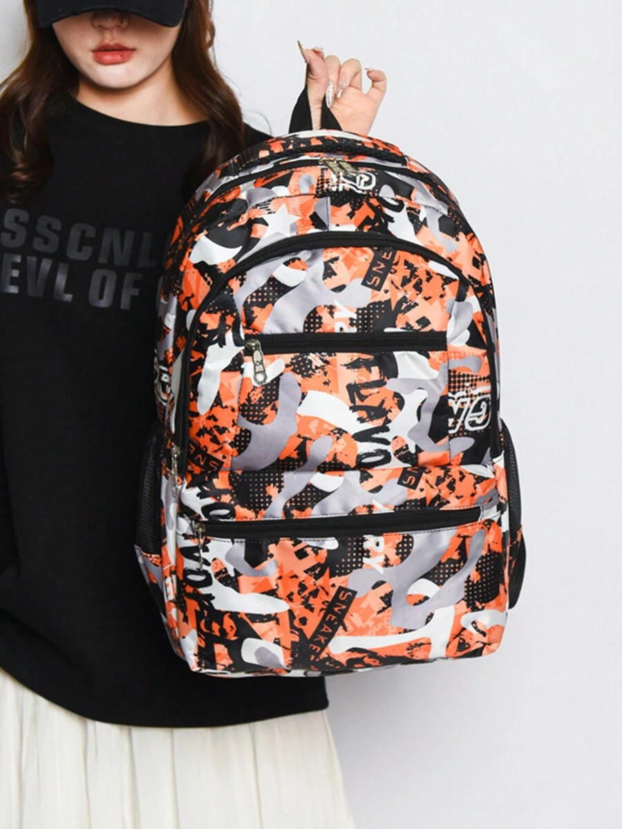 Contrast Color School Backpack Large Capacity Travel Student Shoulder Bag Waterproof Multi-Compartment Rucksack Back To School Students School Supplies Book Bag School Bag For Books - Burnt Orange - View 1