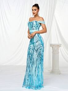 Mesh Contrast Sequined Bodycon Cocktail Dress - Blue - View 6