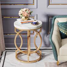 Tribesigns Modern Round Side Table With Thick Wooden Top, 20" Cocktail Table With Unique O-Shaped Base, Mid-Century Nightstand For Living Room And Bedroom - White & Gold - View 3