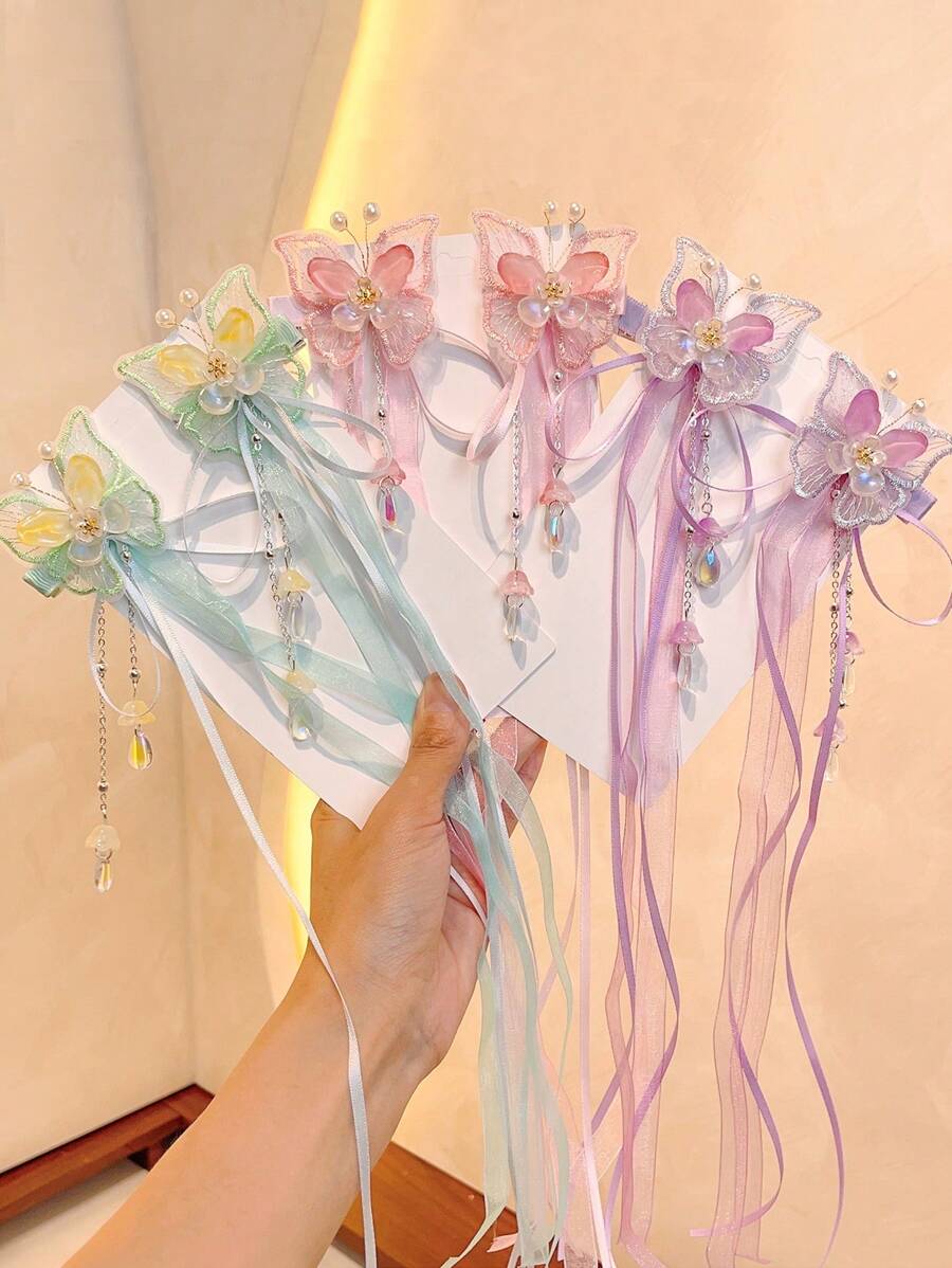 1 par (2 piezas) Pasador de pelo con borlas en forma de mariposa de estilo tradicional chino, accesorios para el cabello de niñas, para traje hanfu, escuela, actuación, sesión de fotos, atuendo diario