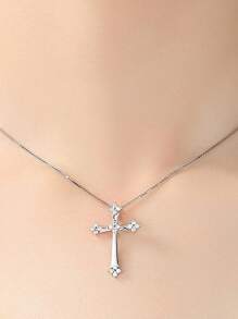 1 Pc Branco Zircônia Incrustada Cruz Pingente Colar, 925 Prata Estiloso Jóia Pingente Presente Para Mulheres Aniversário
