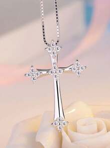 1 Pc Branco Zircônia Incrustada Cruz Pingente Colar, 925 Prata Estiloso Jóia Pingente Presente Para Mulheres Aniversário