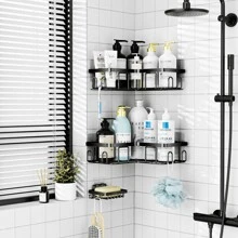 3 Pack Corner Shower Caddy,Adhesive Shower Caddy With Soap Holder And 20 Hooks, Rustproof Stainless Steel Shower Organizer, No Drilling Wall Mounted Shower Rack, For Bathroom, Kitchen - 黑色 - 查看 6