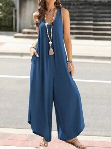 Women Sleeveless Ruched V Neck Flared Wide Leg Overall Jumpsuits With Pockets