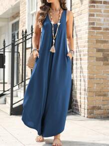 Women Sleeveless Ruched V Neck Flared Wide Leg Overall Jumpsuits With Pockets