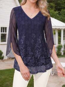 Women's V-Neck Flared Three-Quarter Sleeve Mesh Printed T-Shirt - 紫色 - 查看 3