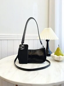 Nueva bolsa de hombro de piel de PU con estilo retro de moda, diseño de remaches incrustados, bolsa de hombro de unicolor minimalista, color burdeos, estilo callejero, cierre con cremallera, adecuada para compras, reuniones, viajes, combinación de atuendos, asistencia a eventos favoritos - Negro - Ver 4