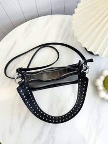 Nueva bolsa de hombro de piel de PU con estilo retro de moda, diseño de remaches incrustados, bolsa de hombro de unicolor minimalista, color burdeos, estilo callejero, cierre con cremallera, adecuada para compras, reuniones, viajes, combinación de atuendos, asistencia a eventos favoritos - Negro - Ver 3