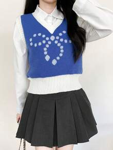 可爱甜美蝴蝶结针织套头毛衣上衣，韩版风格 - 藍色 - 查看 2
