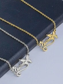 1pc Customized Stainless Steel Ribbon Butterfly Necklace Plated With 18K Gold Couple English Letter Necklace, Fashionable And Elegant Stainless Steel Necklace, Including Gift Box, For Friends, Family, And Lovers As Gifts