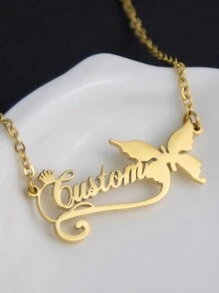 1pc Customized Stainless Steel Ribbon Butterfly Necklace Plated With 18K Gold Couple English Letter Necklace, Fashionable And Elegant Stainless Steel Necklace, Including Gift Box, For Friends, Family, And Lovers As Gifts