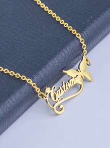 1pc Customized Stainless Steel Ribbon Butterfly Necklace Plated With 18K Gold Couple English Letter Necklace, Fashionable And Elegant Stainless Steel Necklace, Including Gift Box, For Friends, Family, And Lovers As Gifts