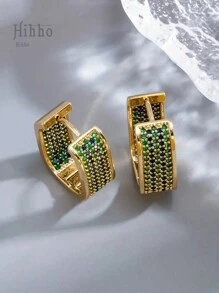 Hihho 1 对优雅金色闪亮蓝色和绿色方晶锆石装饰耳环，情侣首饰，节日/情人节礼物 - 金色 - 查看 4