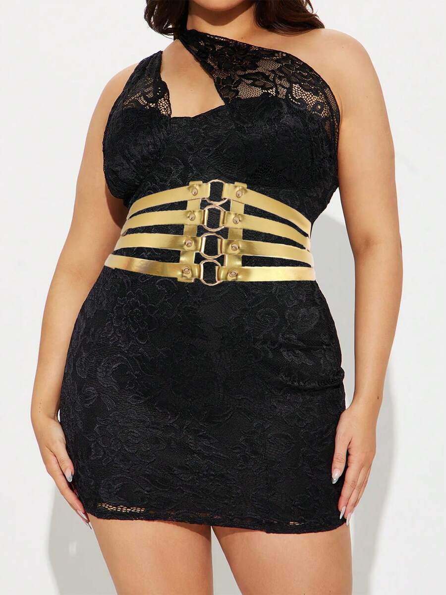 1pc Plus Size Women Gold-Color PU Leather Hollow 4-Row Round Buckle Decorative Belt - Gold - View 1