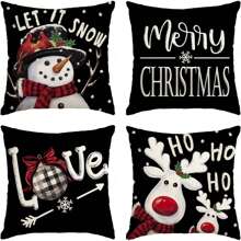 4pcs Christmas Happy "Let It Snow" Heart Snowman Black Pillow Case, Christmas Tree Holiday Decorative Cushion Cover Set, Without Pillow Insert - Black - View 1