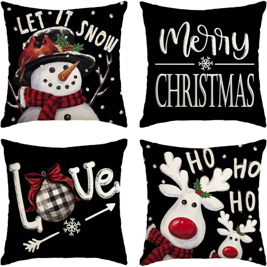 4pcs Christmas Happy "Let It Snow" Heart Snowman Black Pillow Case, Christmas Tree Holiday Decorative Cushion Cover Set, Without Pillow Insert - Black - View 1