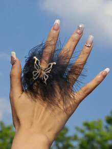 1 pieza Anillo abierto con diseño de mariposa con pluma blanca angelical y strass, estilo nupcial