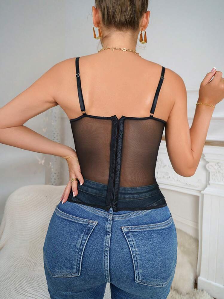 EZNV Camiseta sin mangas de encaje transparente y sensual, top corto con botones de hueso de pescado que se puede usar como ropa interior y exterior - Negro - Añade 6