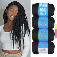 4Pcs Natural Black Brazilian Wool Hair locs for Braids Acrylic Hand Knitting Yarn for soft Hair Braiding Hair Extension Crochet Braid Senegalese Twisting Jumbo Braids Faux Locs butterfly locks