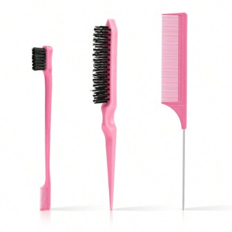 Set de 3 piezas de cepillos para alisar el cabello con cepillo para el flequillo, cepillo de cerdas, peine de cola de rata y cepillo para esponjar (rosa/negro/morado), cepillos para el cabello, peines, herramientas para el cabello, productos y accesorios para el cabello, esenciales de viaje para peluquería y salón de belleza