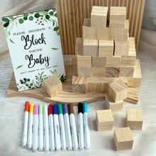 VICKYO 1 Set Babyshower Games Sign Activity Kit, Includes 1 Game Sign 30 Blank Wood Blocks And 12 Pens, Funny Interaction Game For Babyshowers Gender Reveal Parties