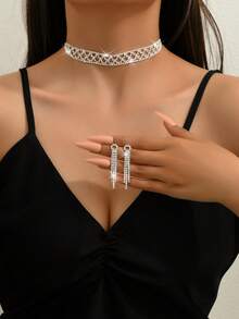 Exaggerated Rhinestone Choker Women Necklace Unique Design Collar Necklace Formal Event Jewelry - Silver - View 3