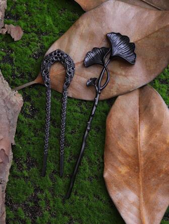 Vintage Viking Style Ginkgo Leaf U-Shaped Hair Clip, Celtic Black Hair Ornament For Women,Hair Accessories,Hairpin Hair Bun Hair Bun Maker Bun Hair Piece Hair Styling Pins