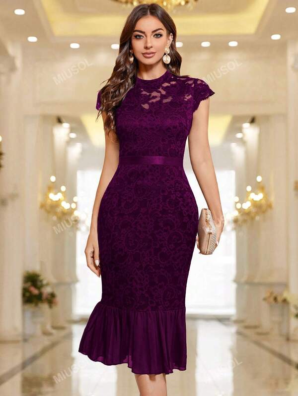 MIUSOL Mock Neck Floral Lace Chiffon Mermaid Hem Cocktail Party Bodycon Dress