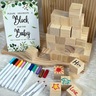 VICKYO 1 Set Babyshower Games Sign Activity Kit, Includes 1 Game Sign 30 Blank Wood Blocks And 12 Pens, Funny Interaction Game For Babyshowers Gender Reveal Parties