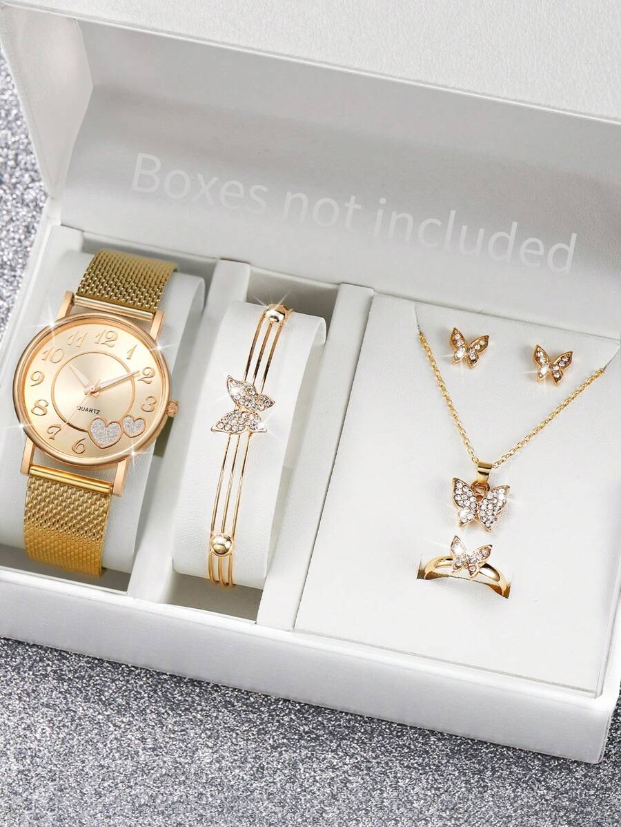 6 件/套女士塑料网状表带心形数字表盘石英表 + 蝴蝶水钻首饰套装（不含表盒）