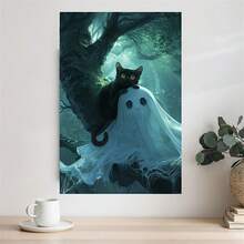 1 件黑猫和幽灵万圣节油画风格海报，无框帆布墙艺术，适用于家庭和酒吧装饰，幽灵森林主题，万圣节家居装饰的理想礼物 - 彩色 - 查看 2