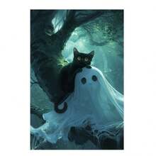 1 件黑猫和幽灵万圣节油画风格海报，无框帆布墙艺术，适用于家庭和酒吧装饰，幽灵森林主题，万圣节家居装饰的理想礼物 - 彩色 - 查看 5