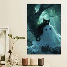 1 件黑猫和幽灵万圣节油画风格海报，无框帆布墙艺术，适用于家庭和酒吧装饰，幽灵森林主题，万圣节家居装饰的理想礼物 - 彩色 - 查看 4