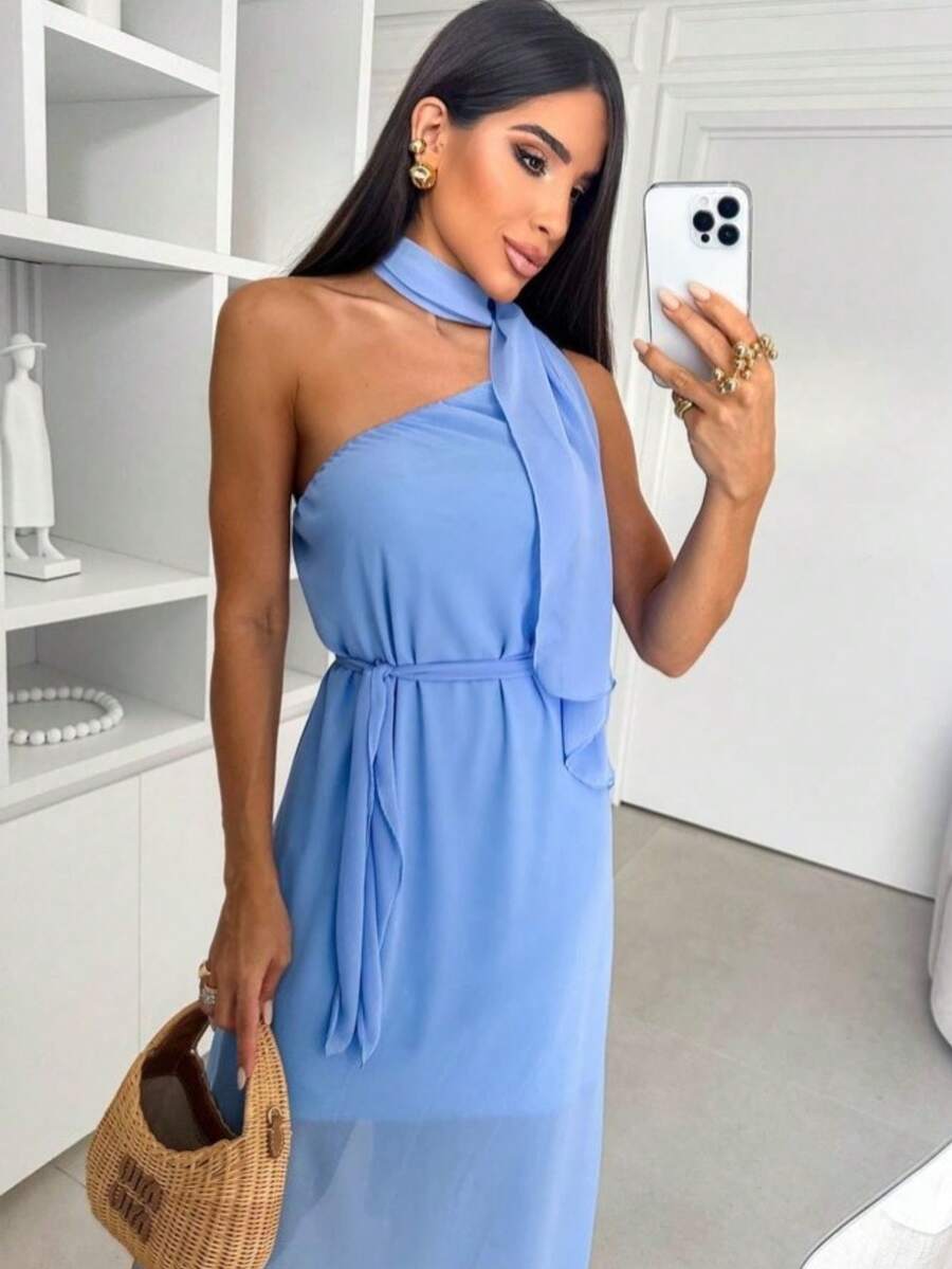 Women's Solid Color One-Sleeve Removable Cape Dress With Asymmetrical Hem - 淺藍色 - 查看 1